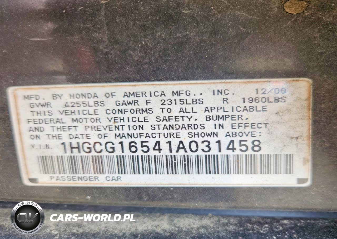 2001 Honda Accord Ex VIN:1HGCG16541A031458 - 13