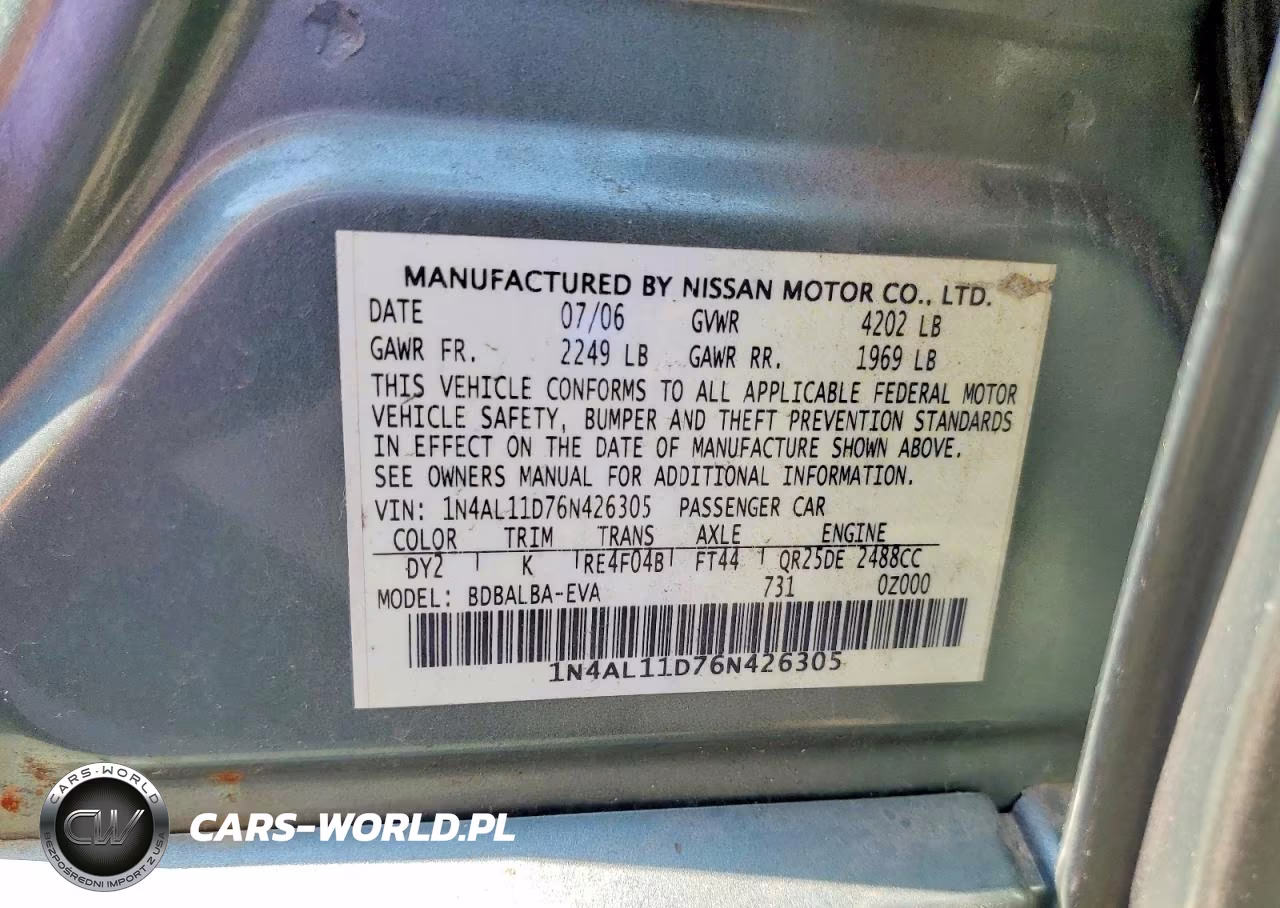 2006 Nissan Altima 2.5 VIN:1N4AL11D76N426305 - 12