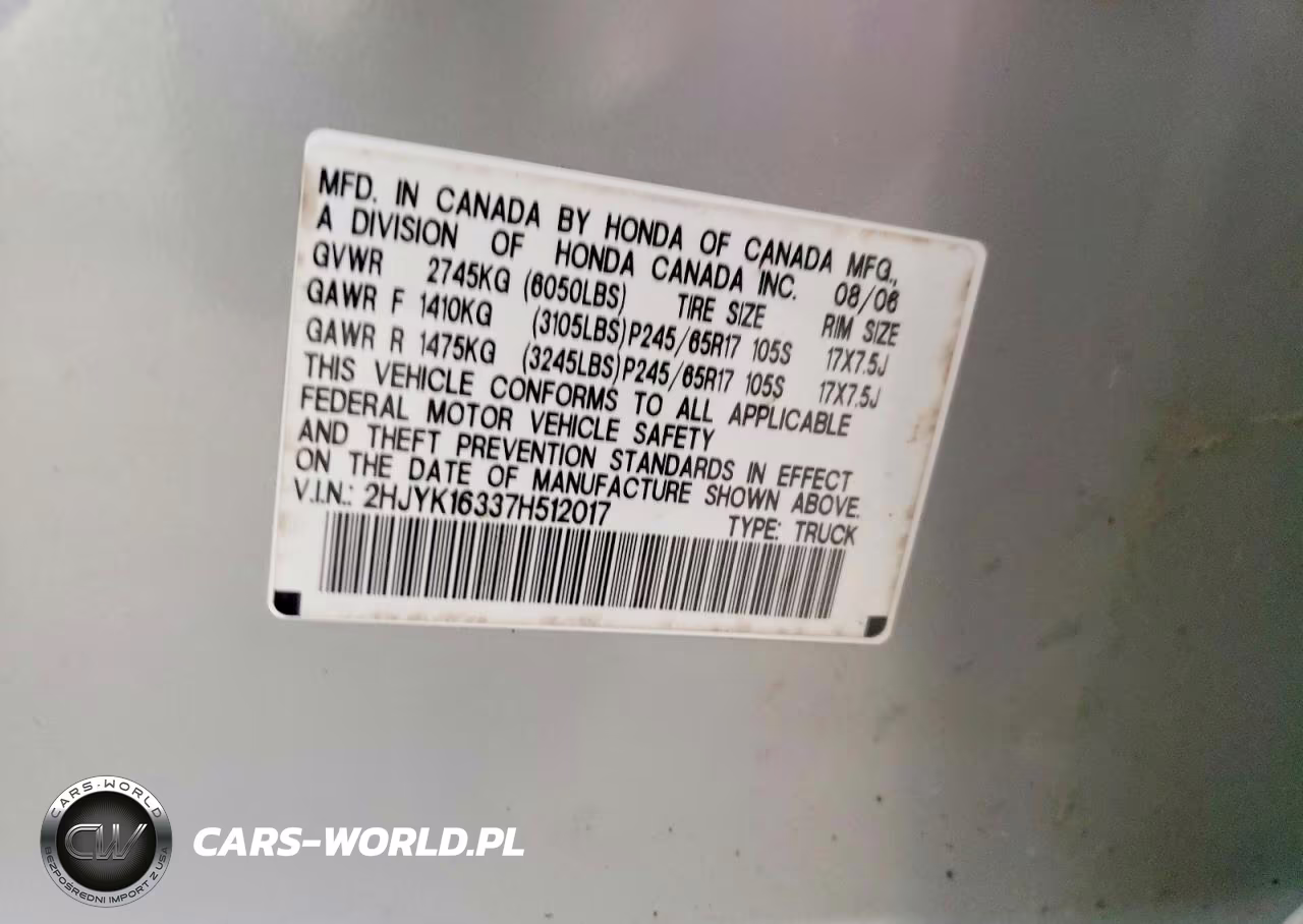 2007 Honda Ridgeline Rtx VIN:2HJYK16337H512017 - 12