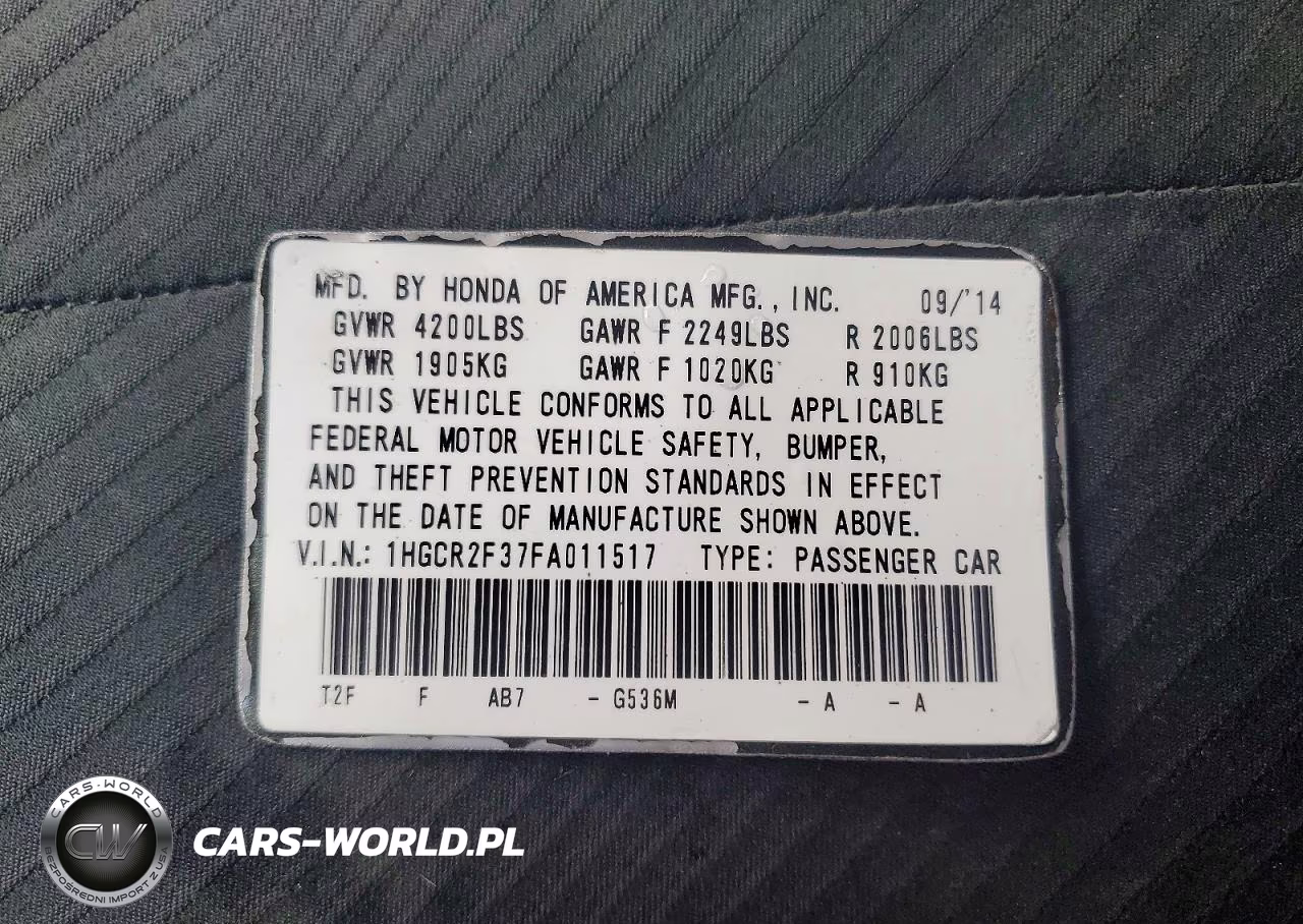 2015 Honda Accord Lx VIN:1HGCR2F37FA011517 - 12