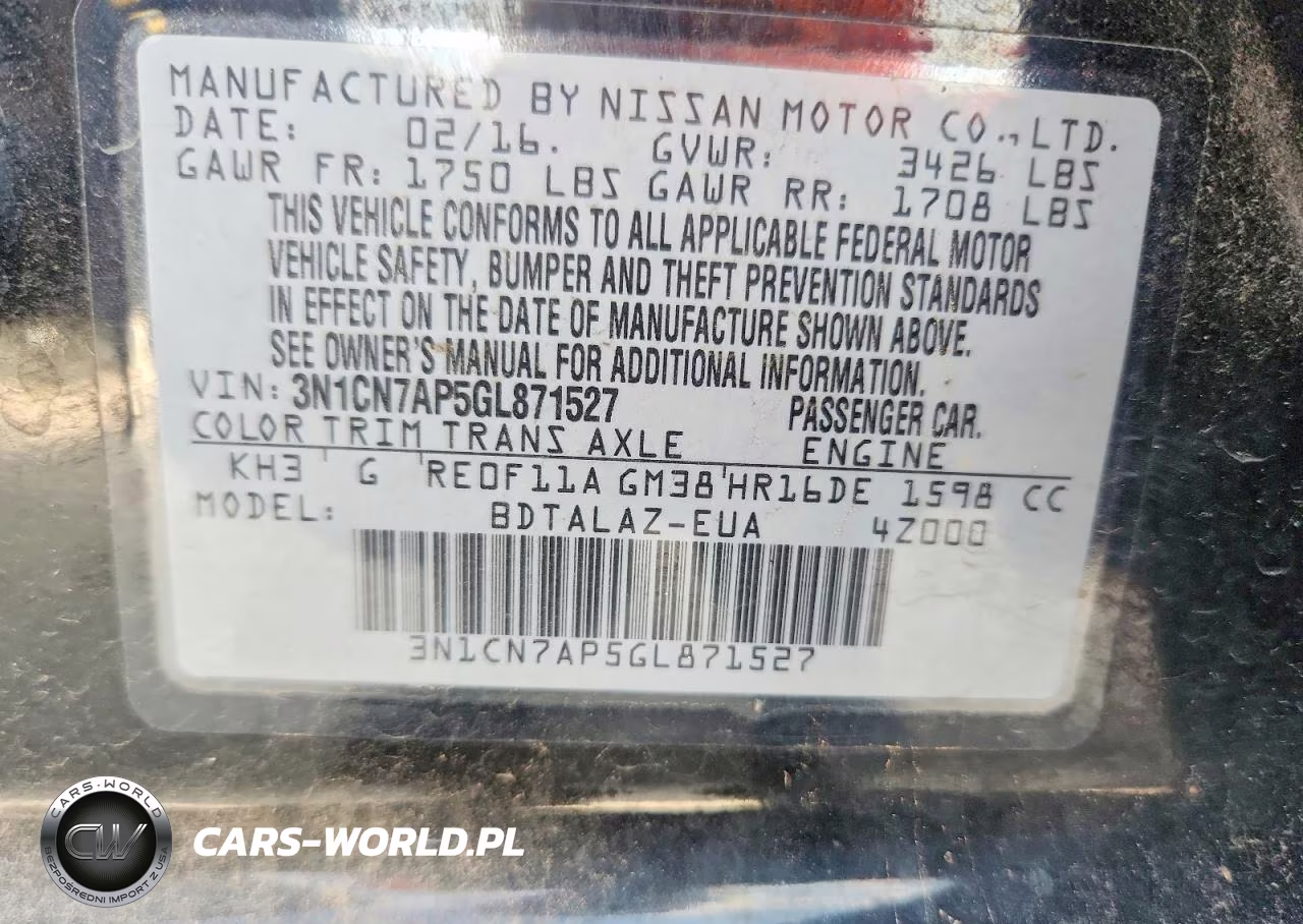 2016 Nissan Versa 1.6 S Plus VIN:3N1CN7AP5GL871527 - 12