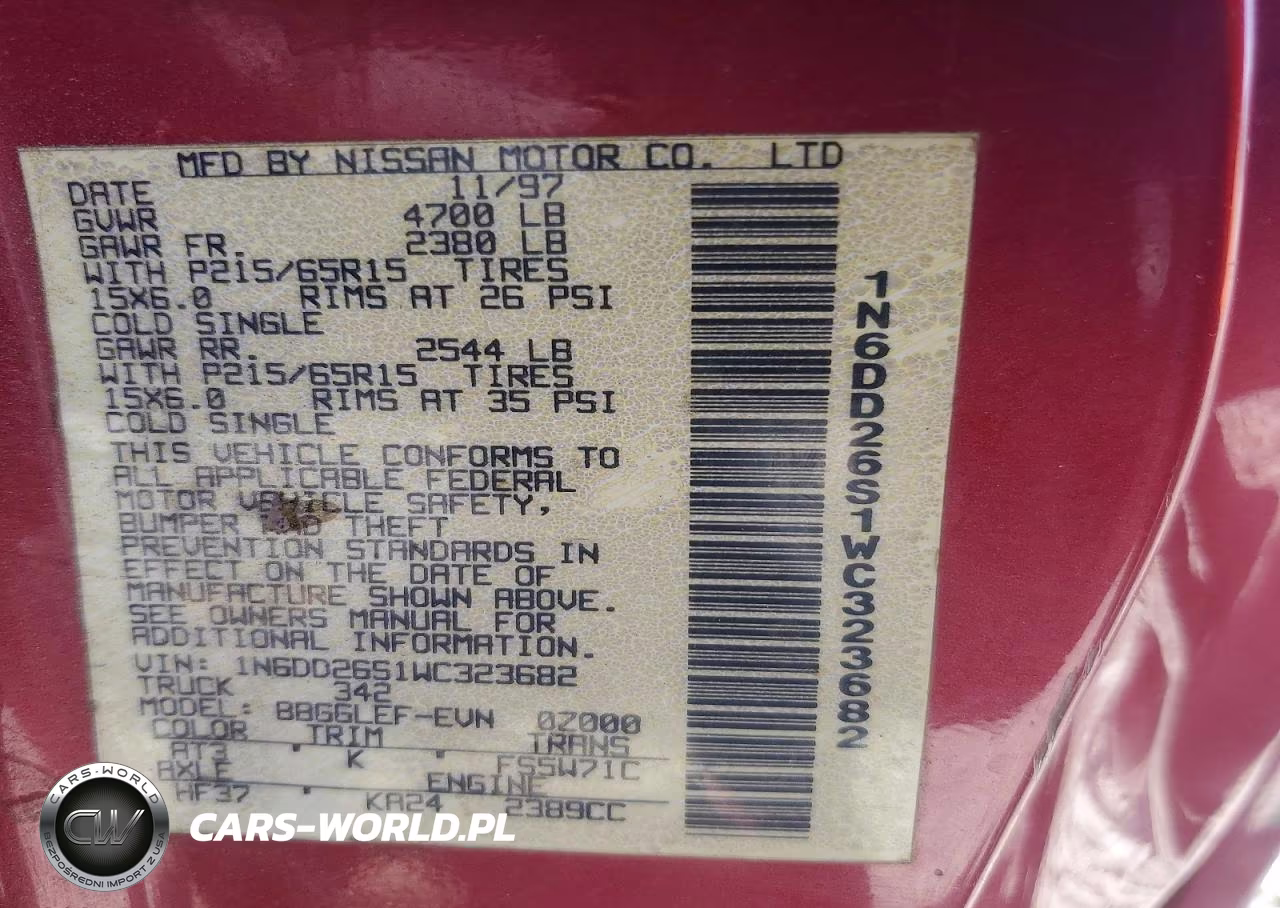 1998 Nissan Frontier Xe VIN:1N6DD26S1WC323682 - 13