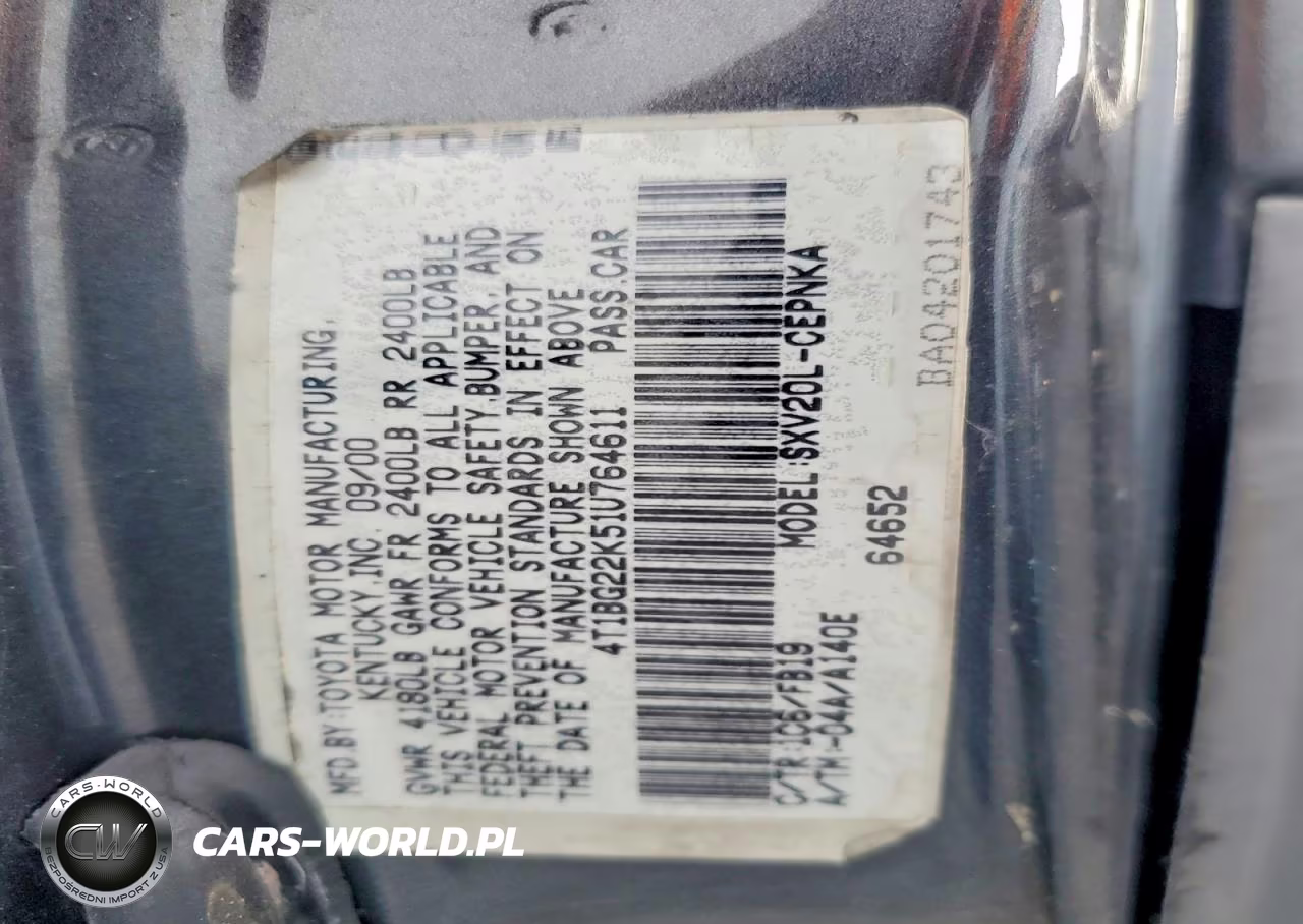 2001 Toyota Camry Le VIN:4T1BG22K51U764611 - 12