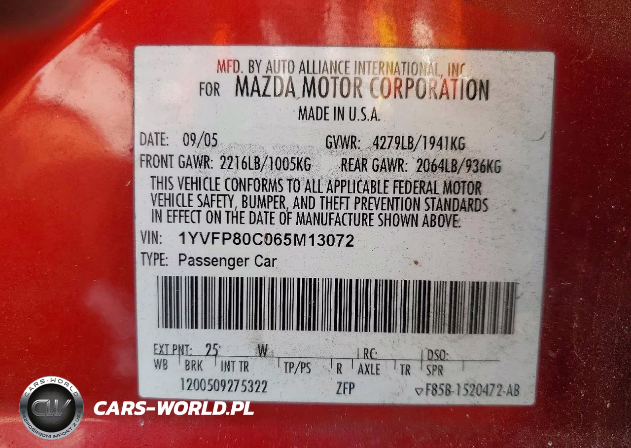 2006 Mazda 6 I VIN:1YVFP80C065M13072 - 13