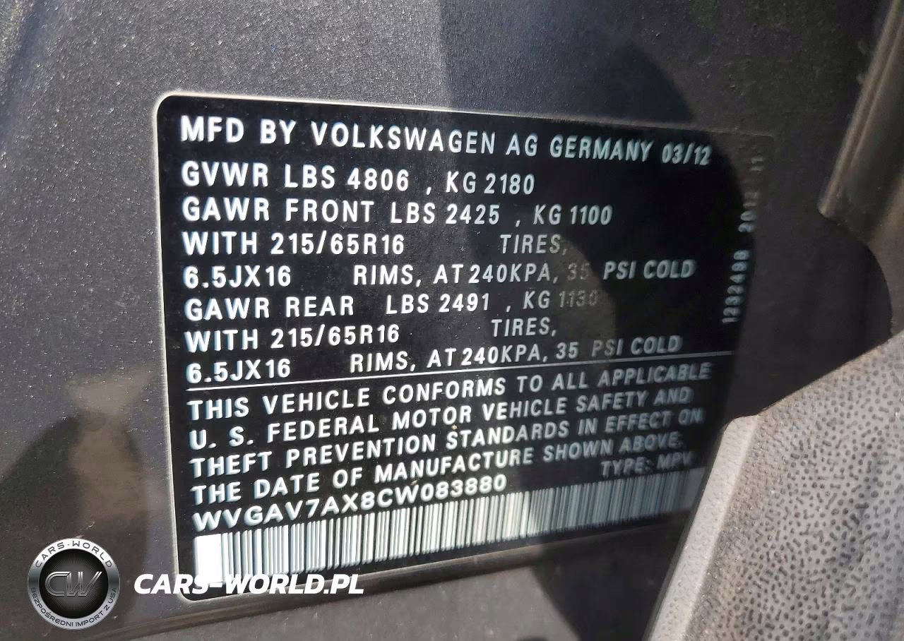 2012 Volkswagen Tiguan S VIN:WVGAV7AX8CW083880 - 13