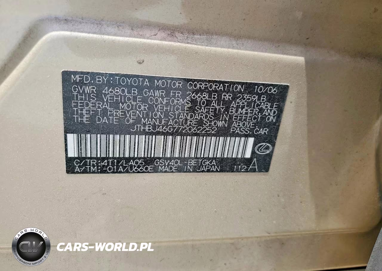 2007 Lexus Es 350 VIN:JTHBJ46G772062252 - 12