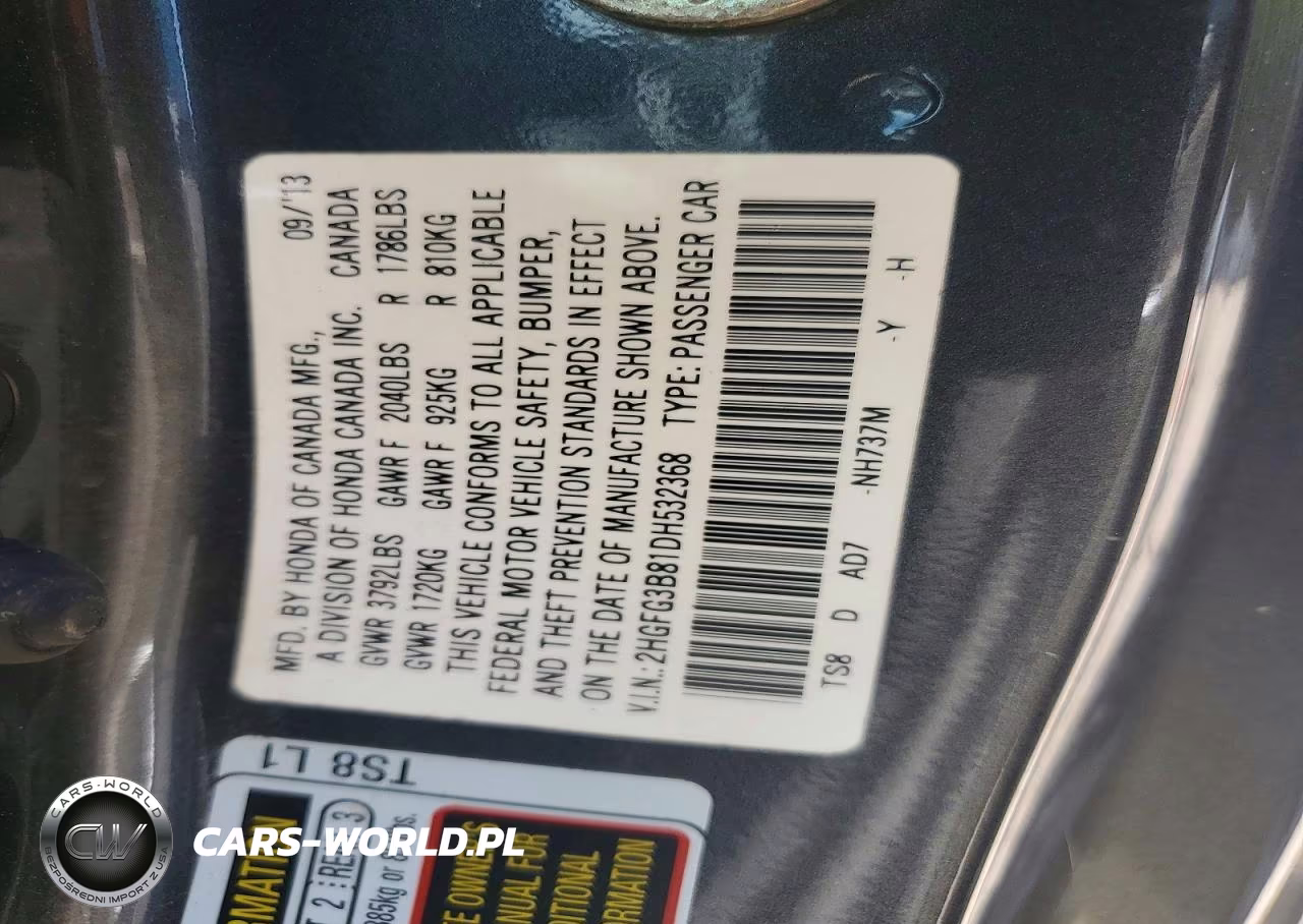 2013 Honda Civic Ex VIN:2HGFG3B81DH532368 - 12