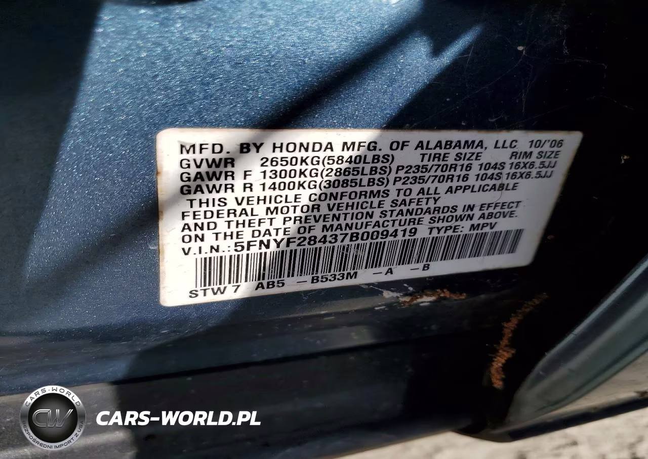 2007 Honda Pilot Ex VIN:5FNYF28437B009419 - 13