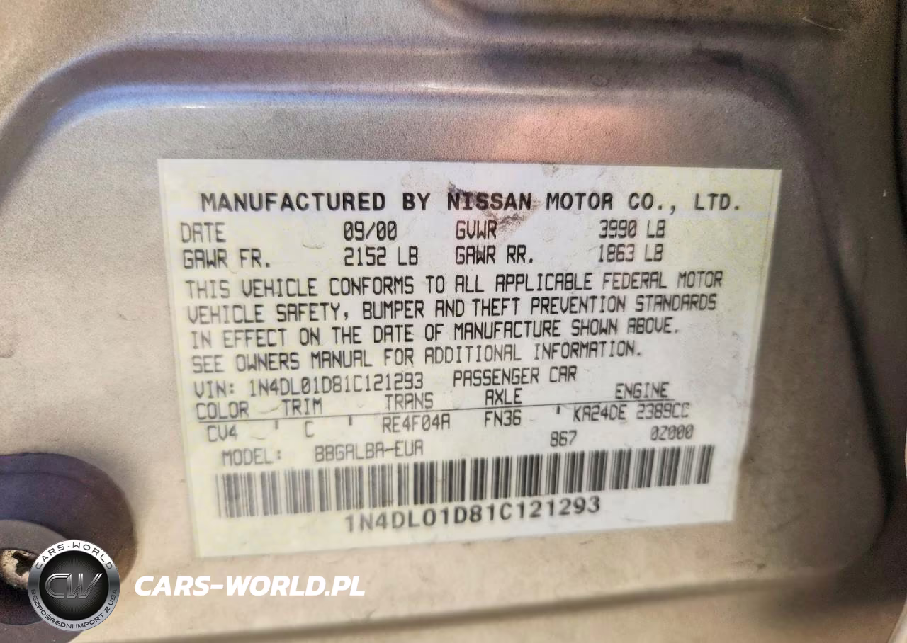 2001 Nissan Altima Xe VIN:1N4DL01D81C121293 - 12