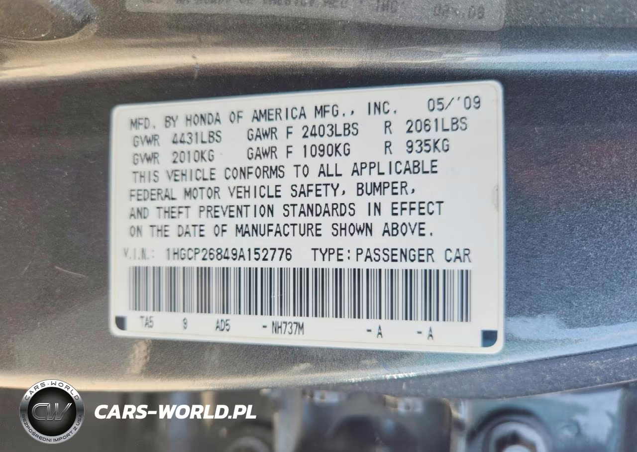 2009 Honda Accord Exl VIN:1HGCP26849A152776 - 12