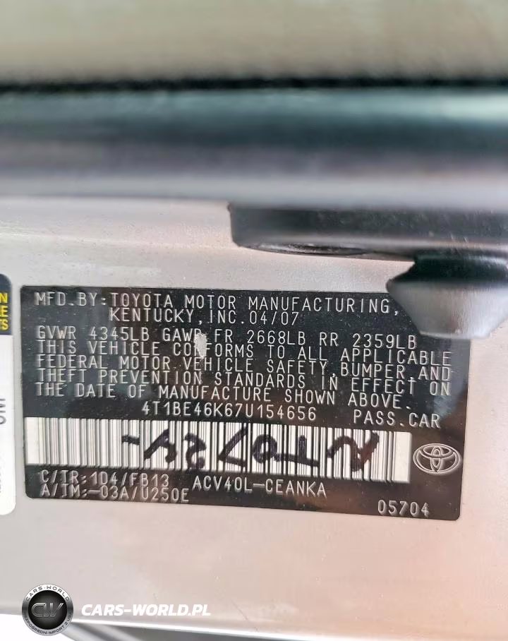 2007 Toyota Camry Le VIN:4T1BE46K67U154656 - 12