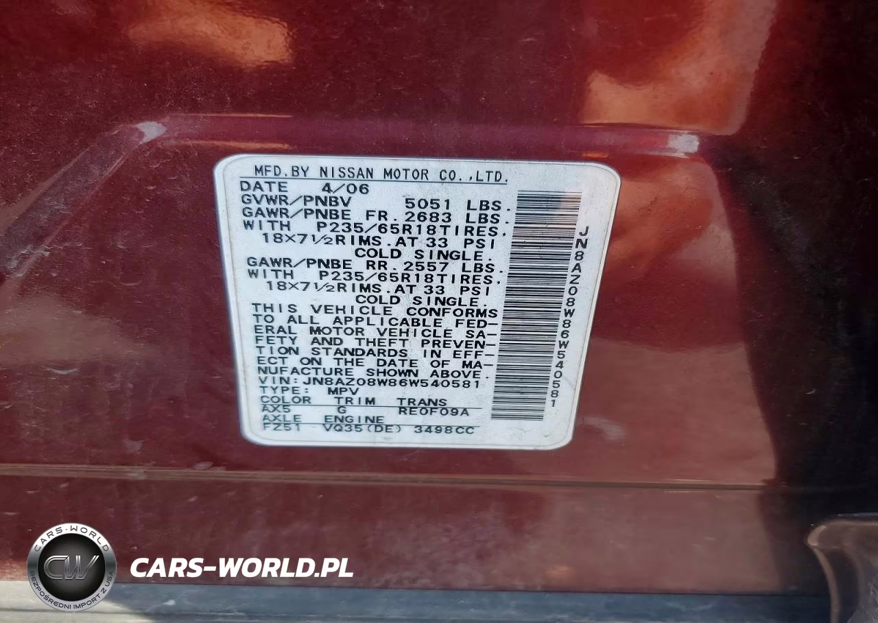 2006 Nissan Murano S VIN:JN8AZ08W86W540581 - 13