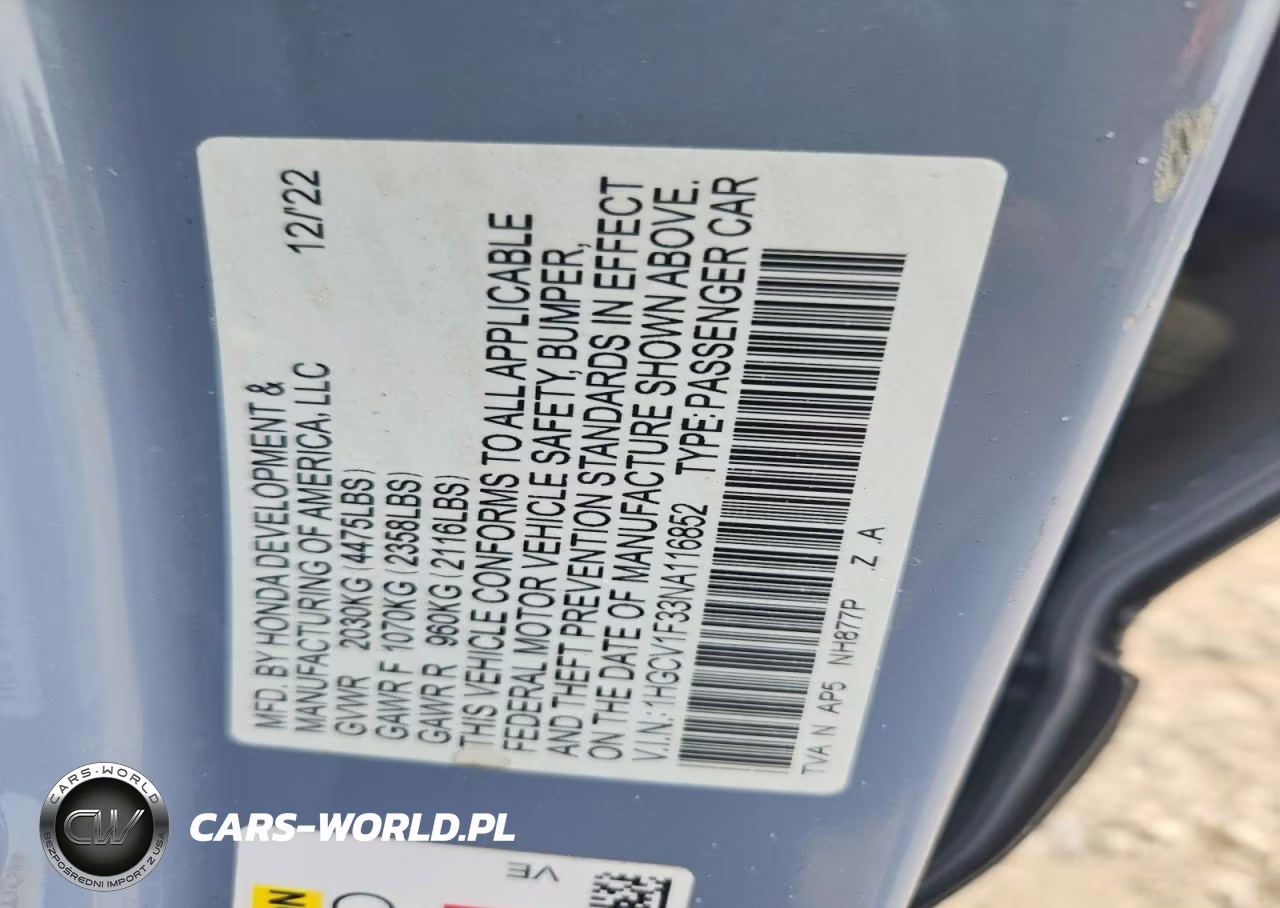 2022 Honda Accord Sport VIN:1HGCV1F33NA116852 - 12