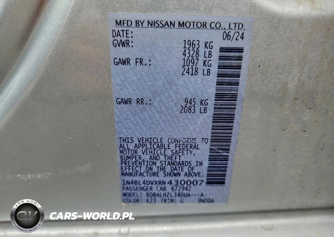 2024 Nissan Altima Sv VIN:1N4BL4DVXRN430007 - 12