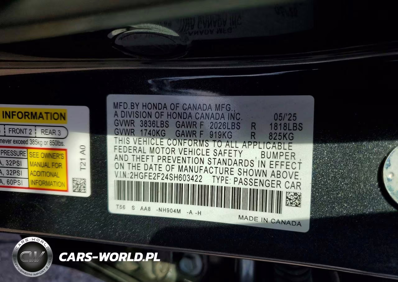 2025 Honda Civic Lx VIN:2HGFE2F24SH603422 - 12