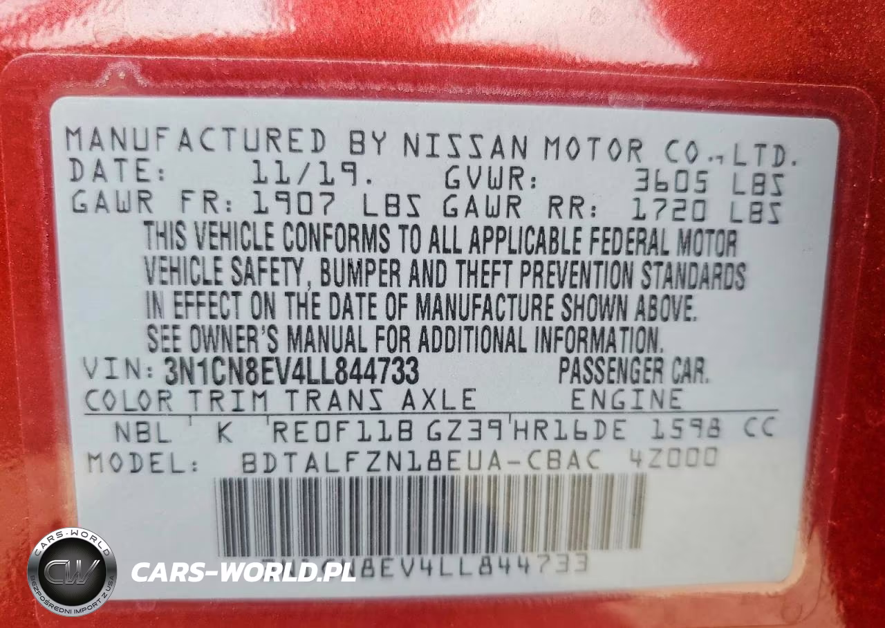2020 Nissan Versa Sv VIN:3N1CN8EV4LL844733 - 12
