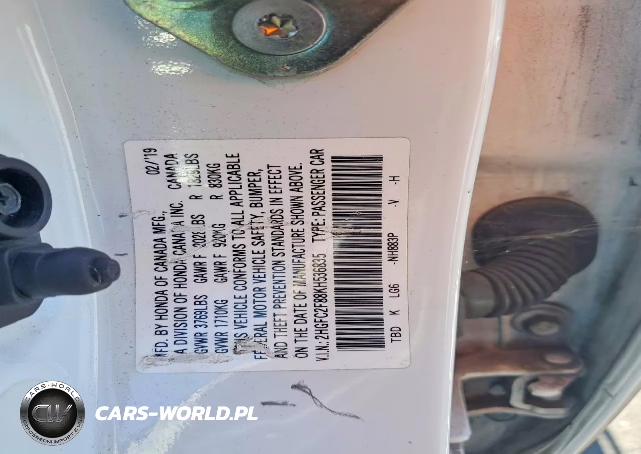 2019 Honda Civic Sport VIN:2HGFC2F88KH536835 - 12
