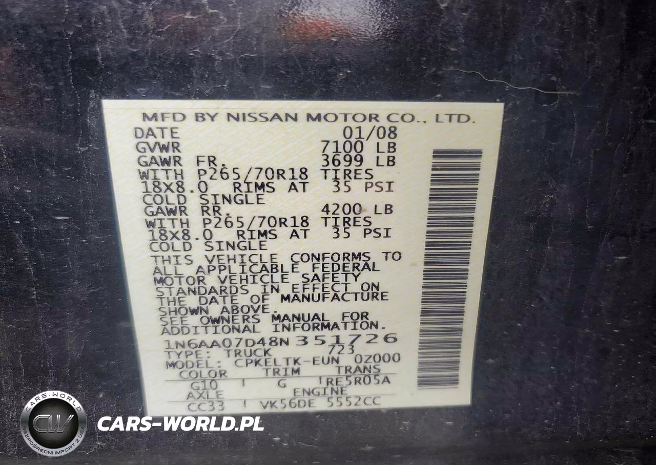 2008 Nissan Titan Xe VIN:1N6AA07D48N351726 - 12