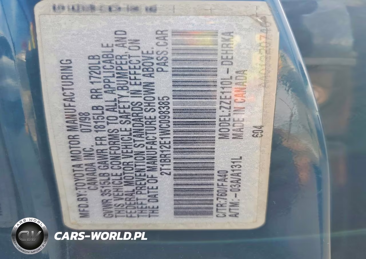 1998 Toyota Corolla Ve VIN:2T1BR12E1WC098385 - 12