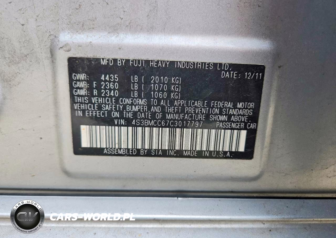 2012 Subaru Legacy 2.5I Premium VIN:4S3BMCC67C3017797 - 12