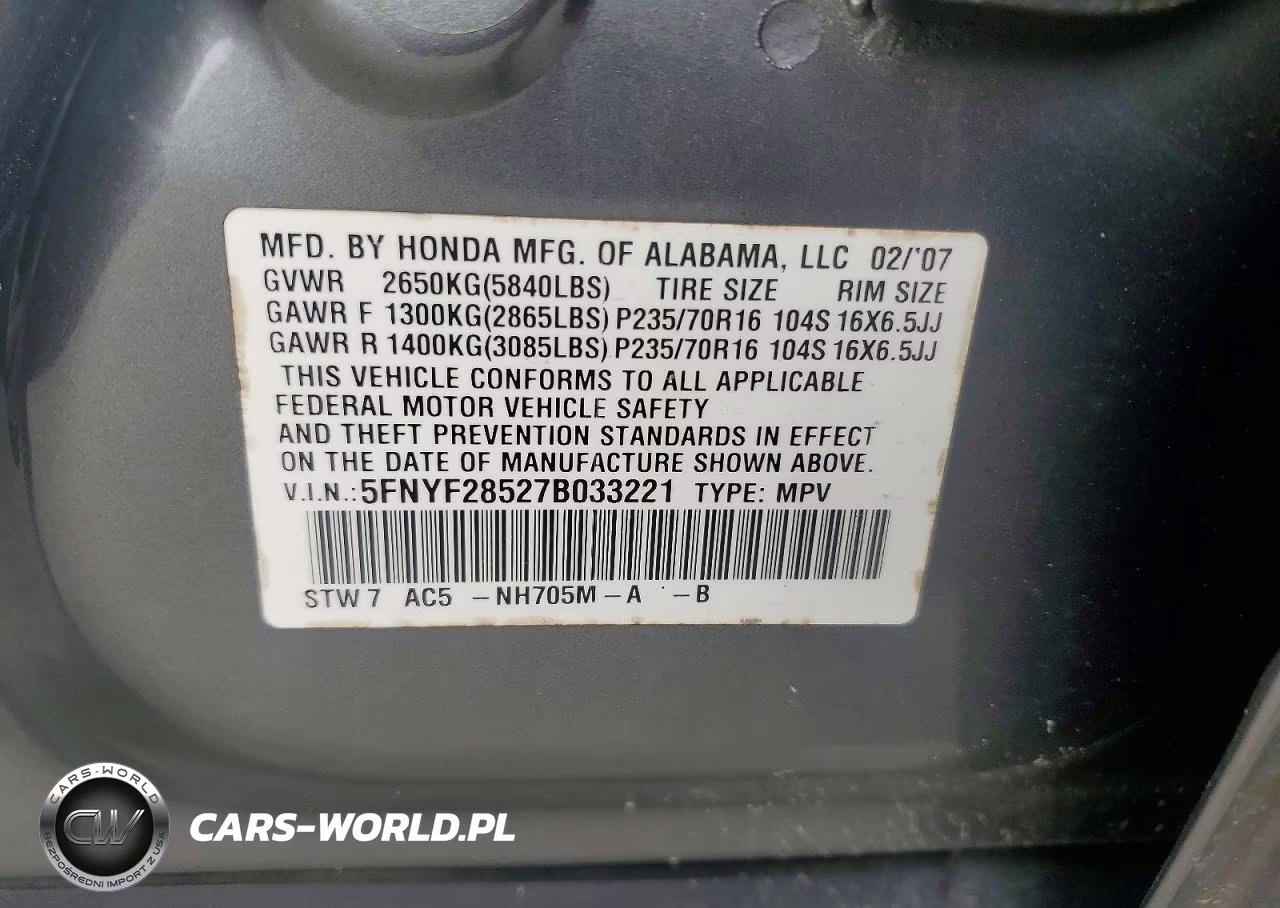 2007 Honda Pilot Exl VIN:5FNYF28527B033221 - 13