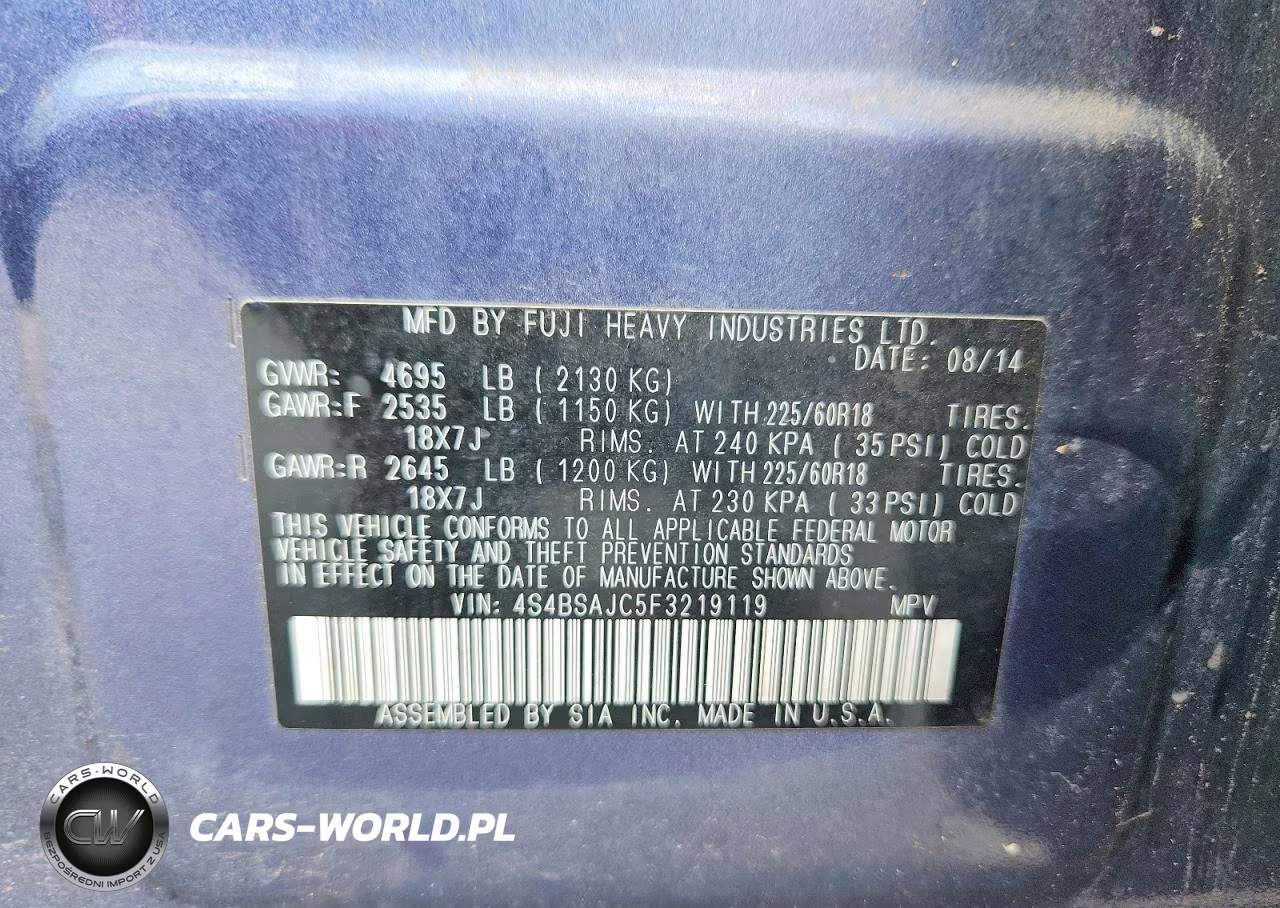 2015 Subaru Outback 2.5I Limited VIN:4S4BSAJC5F3219119 - 14