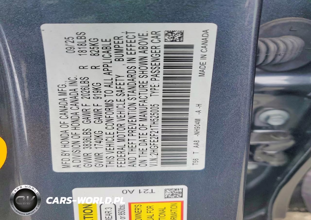 2026 Honda Civic Lx VIN:2HGFE2F21TH525005 - 13