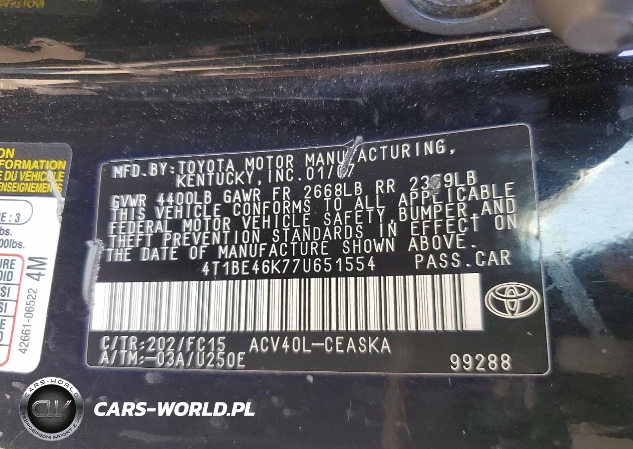 2007 Toyota Camry Se VIN:4T1BE46K77U651554 - 12