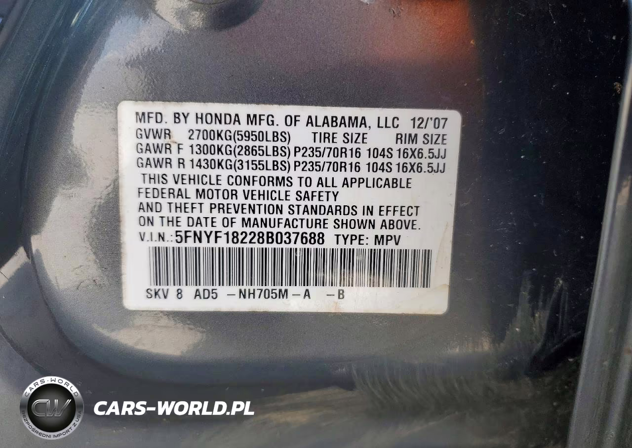 2008 Honda Pilot Vp VIN:5FNYF18228B037688 - 12