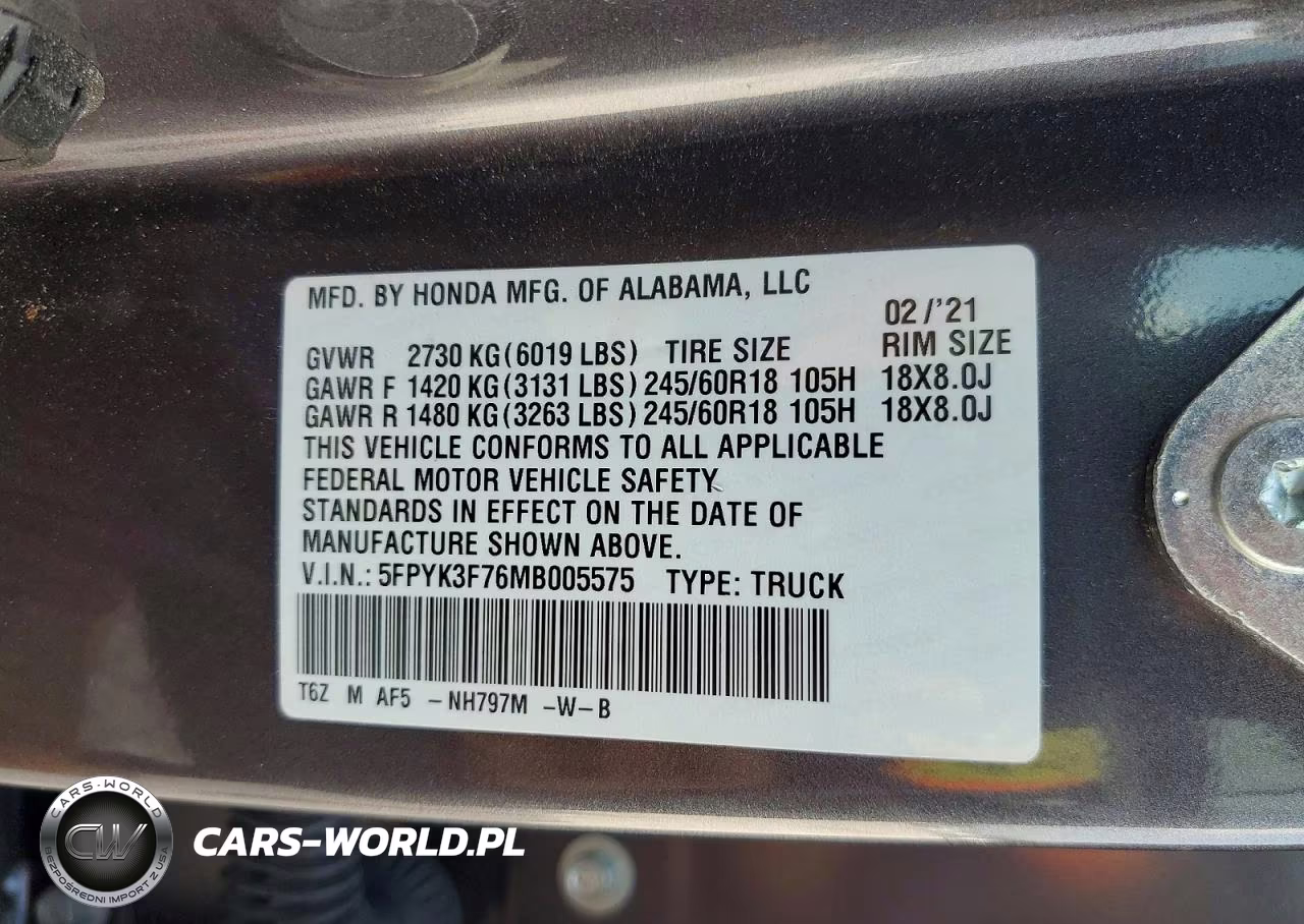 2021 Honda Ridgeline Rtl VIN:5FPYK3F76MB005575 - 12