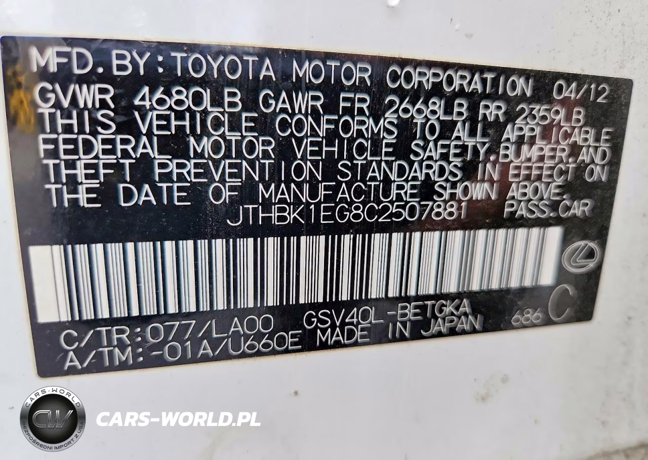 2012 Lexus Es 350 VIN:JTHBK1EG8C2507881 - 12