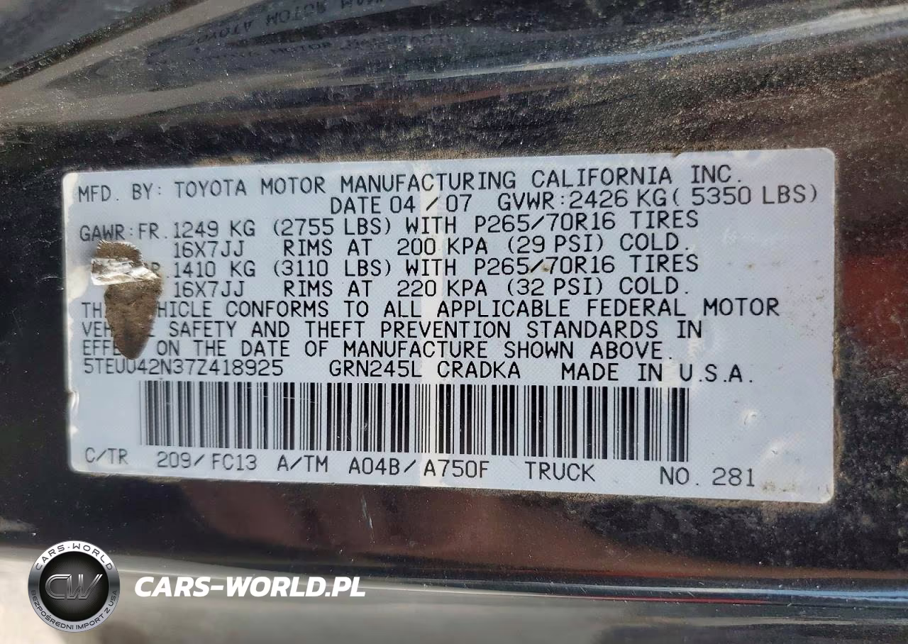 2007 Toyota Tacoma Access Cab VIN:5TEUU42N37Z418925 - 12
