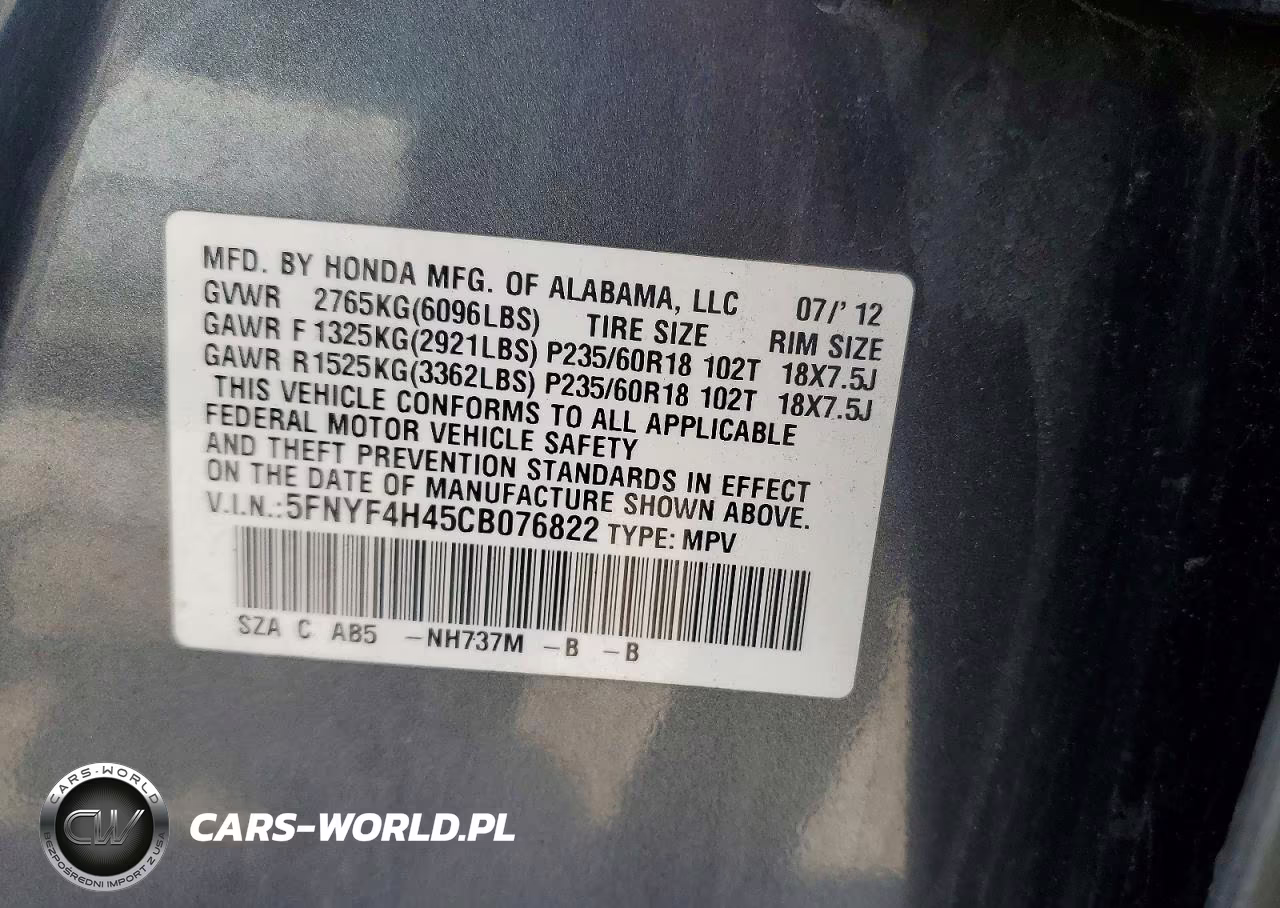 2012 Honda Pilot Ex VIN:5FNYF4H45CB076822 - 13