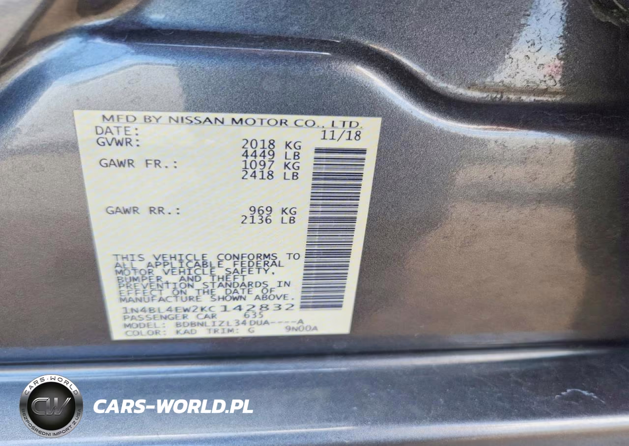 2019 Nissan Altima Sl VIN:1N4BL4EW2KC142832 - 12