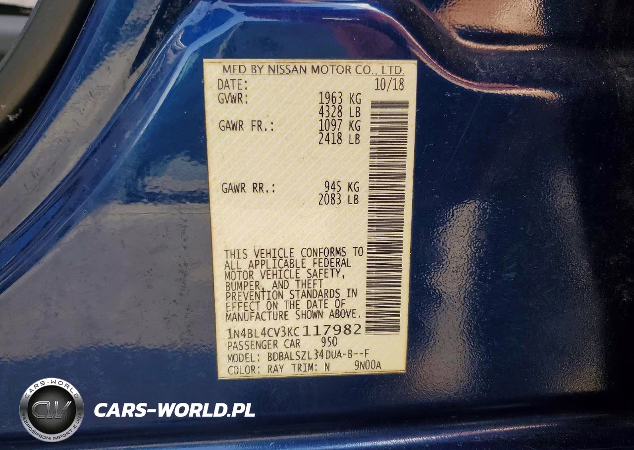 2019 Nissan Altima Sr VIN:1N4BL4CV3KC117982 - 12