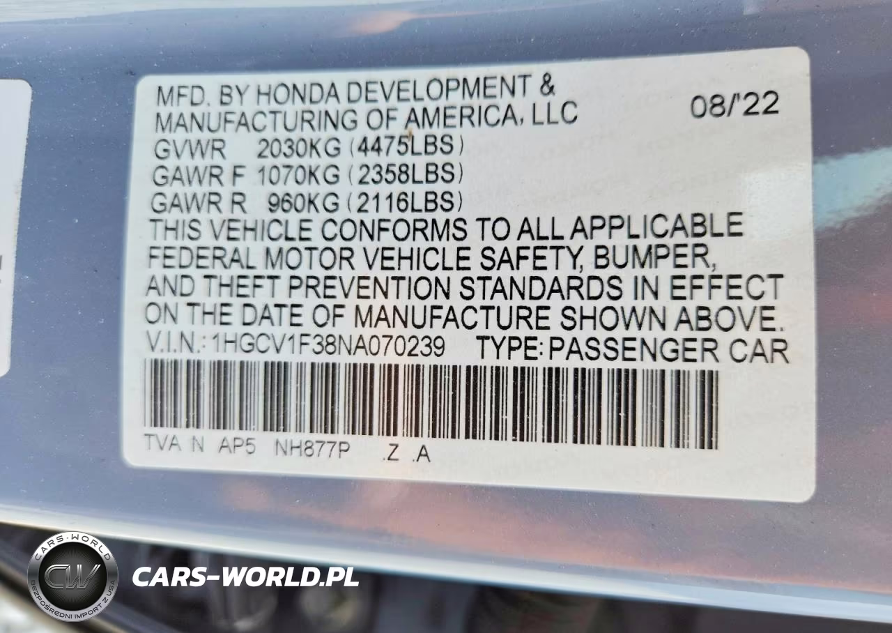 2022 Honda Accord Sport VIN:1HGCV1F38NA070239 - 12