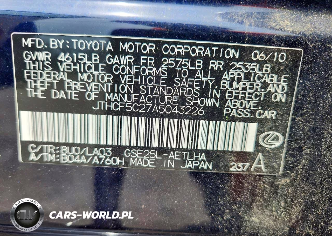 2010 Lexus Is 250 VIN:JTHCF5C27A5043226 - 12