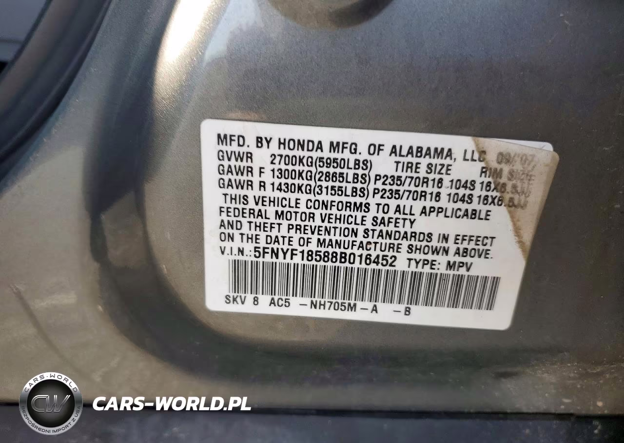 2008 Honda Pilot Exl VIN:5FNYF18588B016452 - 13