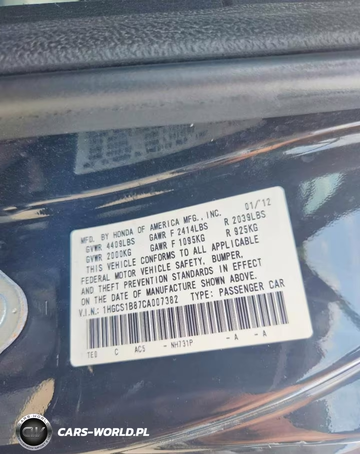 2012 Honda Accord Exl VIN:1HGCS1B87CA007382 - 12
