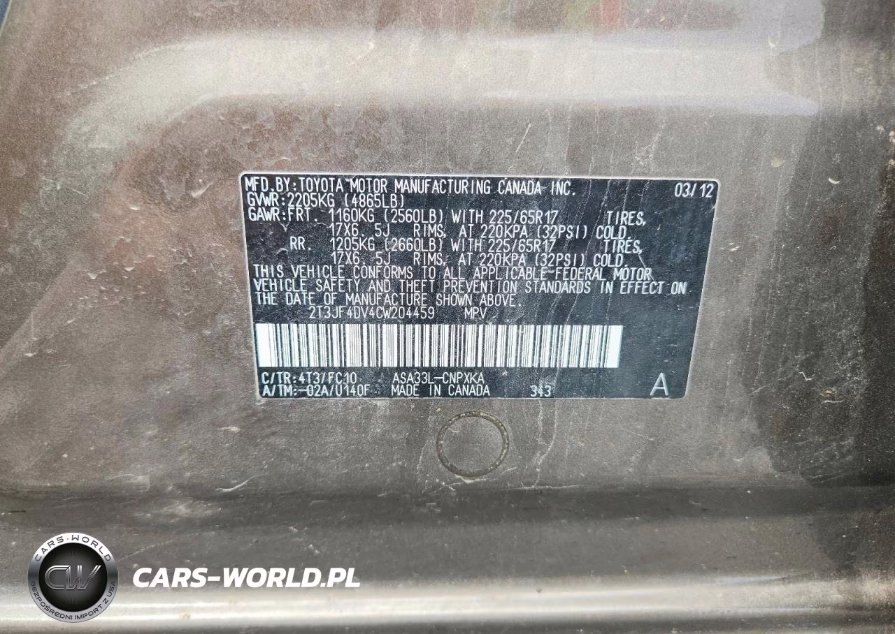 2012 Toyota Rav4 Base VIN:2T3JF4DV4CW204459 - 14