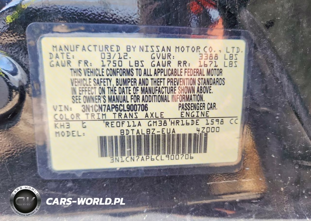 2012 Nissan Versa 1.6 S VIN:3N1CN7AP6CL900706 - 12