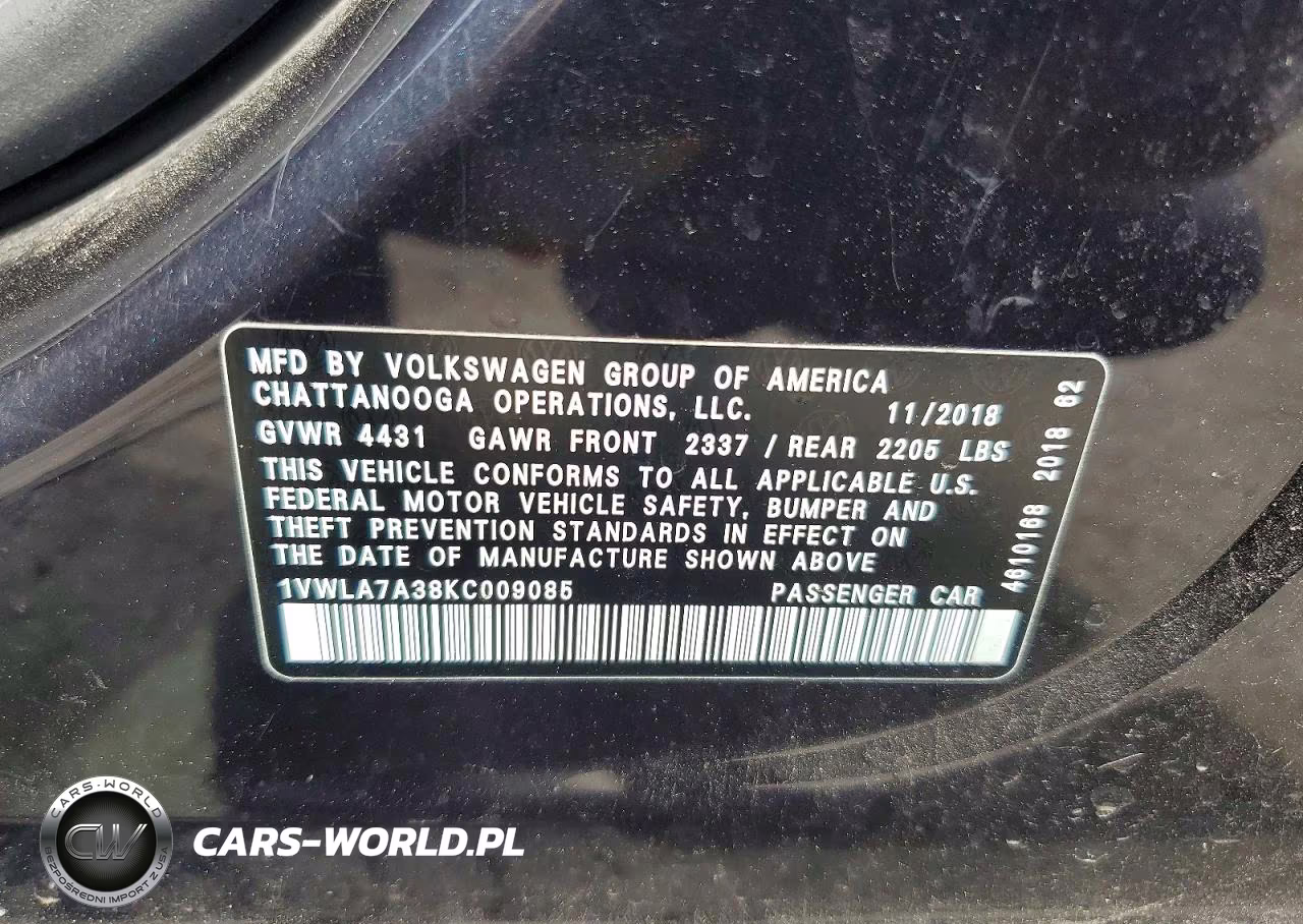 2019 Volkswagen Passat Wolfsburg VIN:1VWLA7A38KC009085 - 13