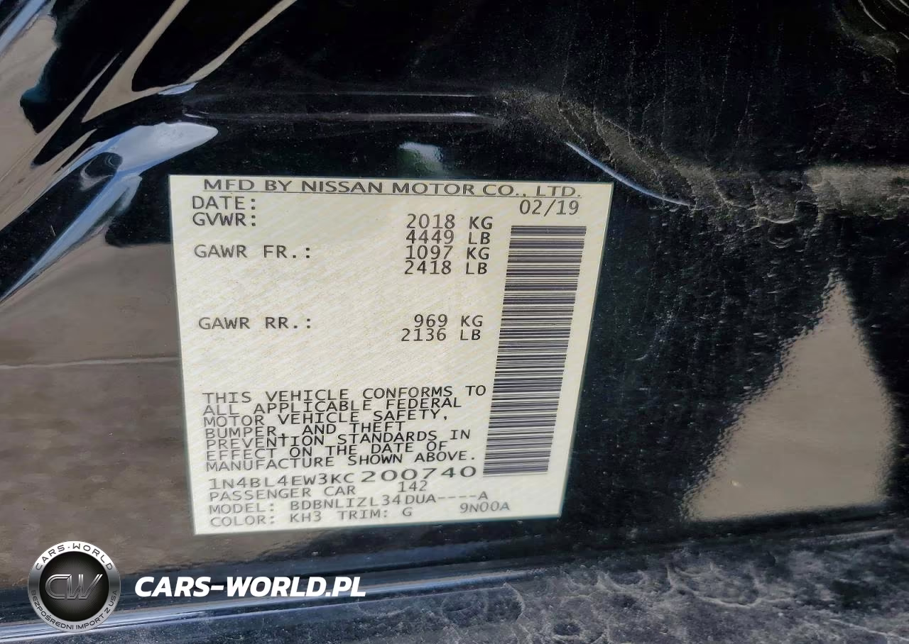 2019 Nissan Altima Sl VIN:1N4BL4EW3KC200740 - 12