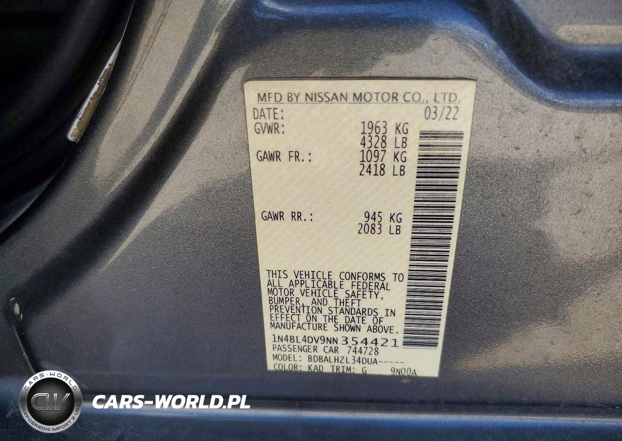 2022 Nissan Altima Sv VIN:1N4BL4DV9NN354421 - 12