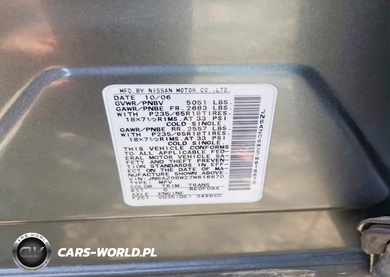 2007 Nissan Murano S VIN:JN8AZ08W27W616670 - 12
