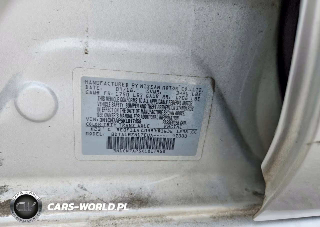 2019 Nissan Versa Sv VIN:3N1CN7AP5KL817458 - 12