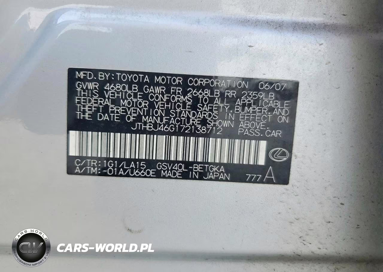 2007 Lexus Es 350 VIN:JTHBJ46G172138712 - 12