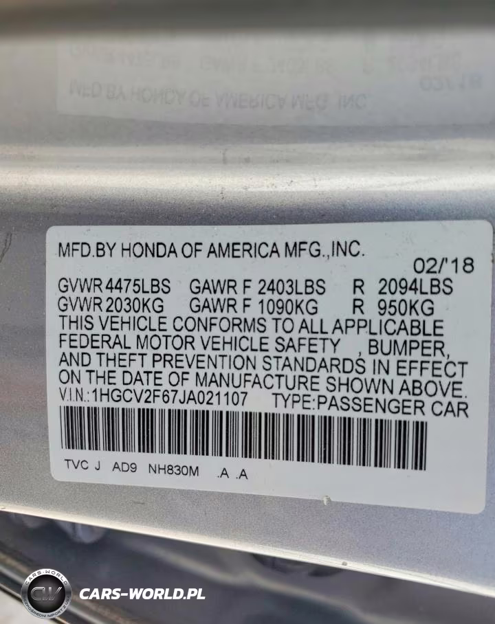 2018 Honda Accord Exl VIN:1HGCV2F67JA021107 - 12