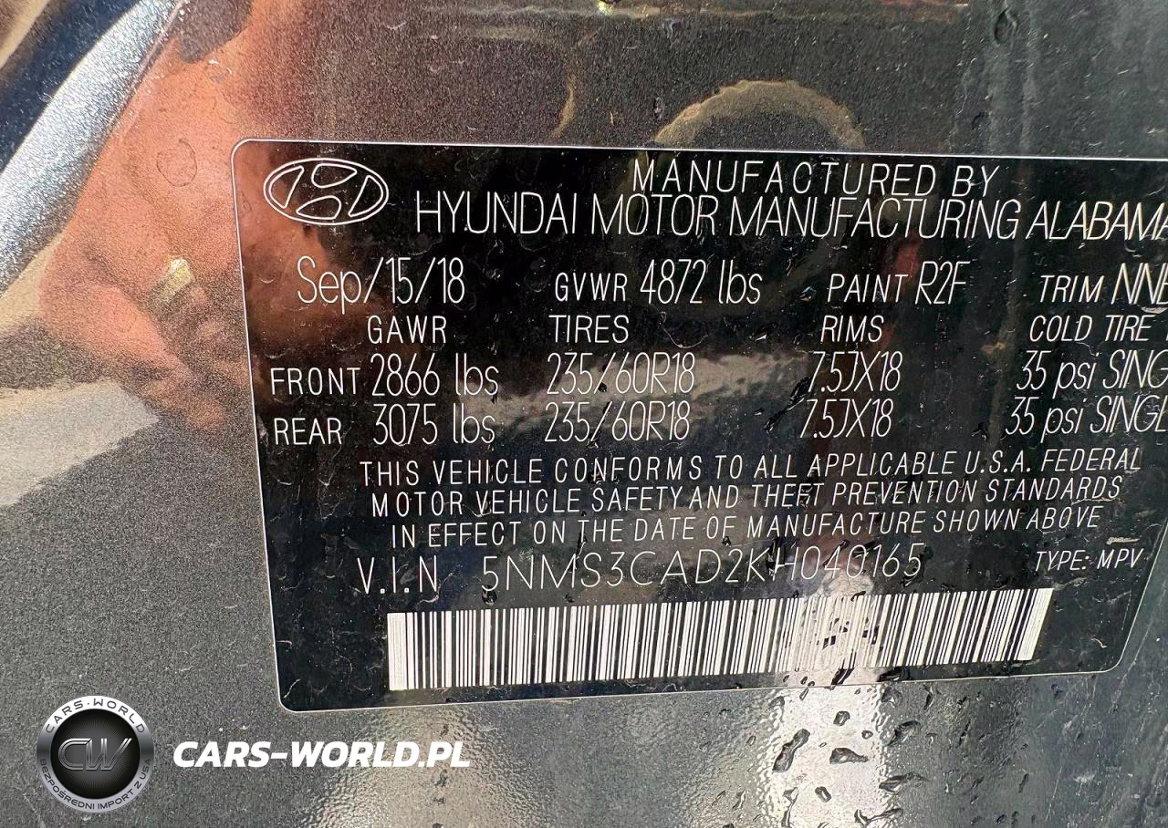 2019 Hyundai Santa Fe Sel Plus 2.4L VIN:5NMS3CAD2KH040165 - 10