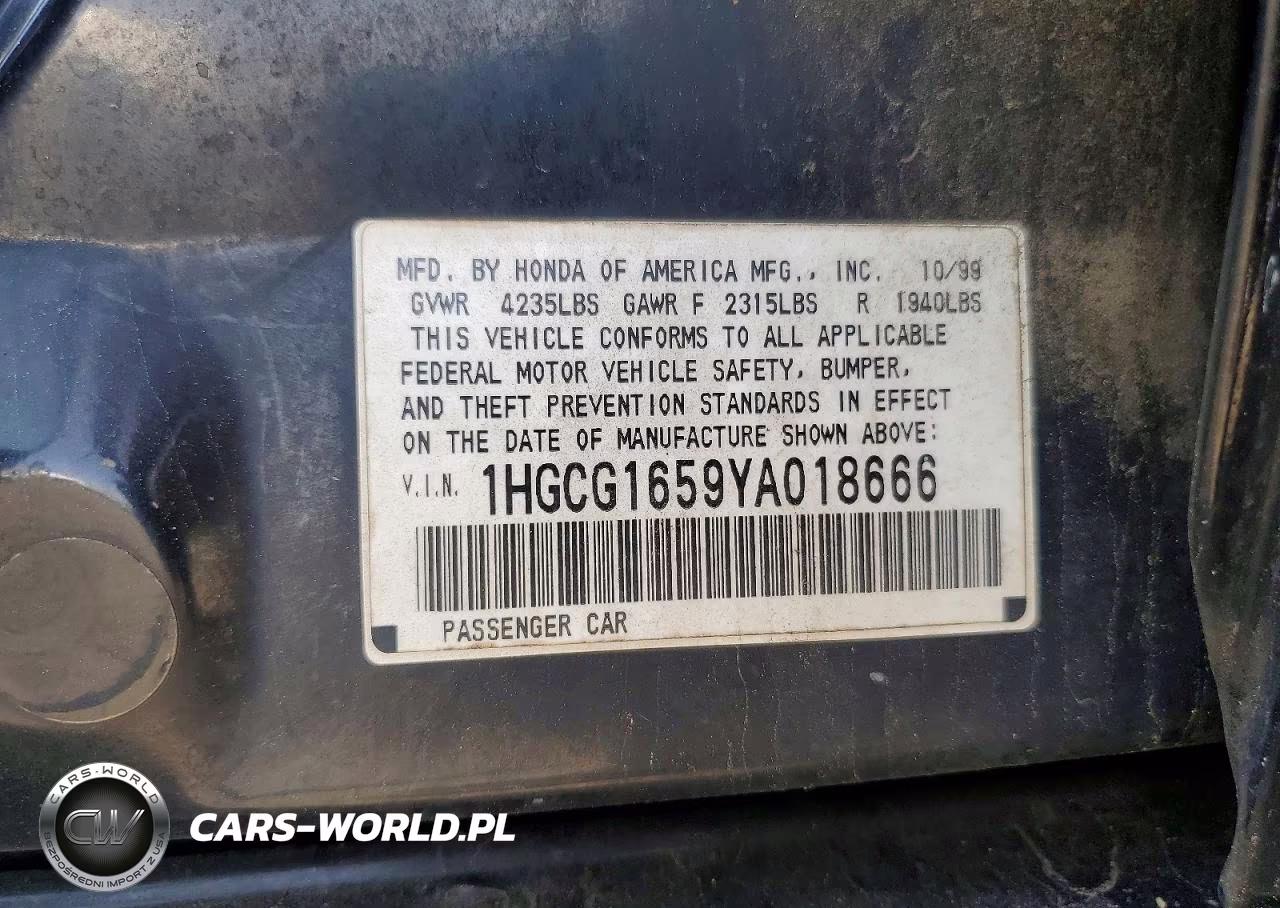 2000 Honda Accord Ex VIN:1HGCG1659YA018666 - 12
